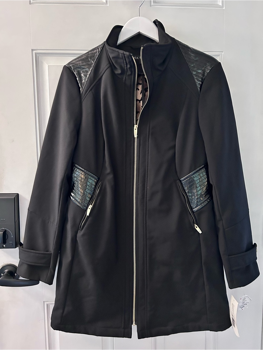 Via Spiga Black Trench Coat with Textured Accent Panels
